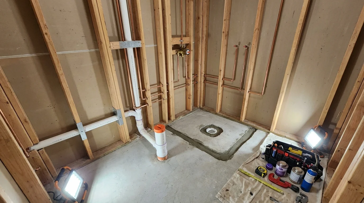 Bathroom rough-in plumbing during remodel by Johns Plumbing LLC in Issaquah