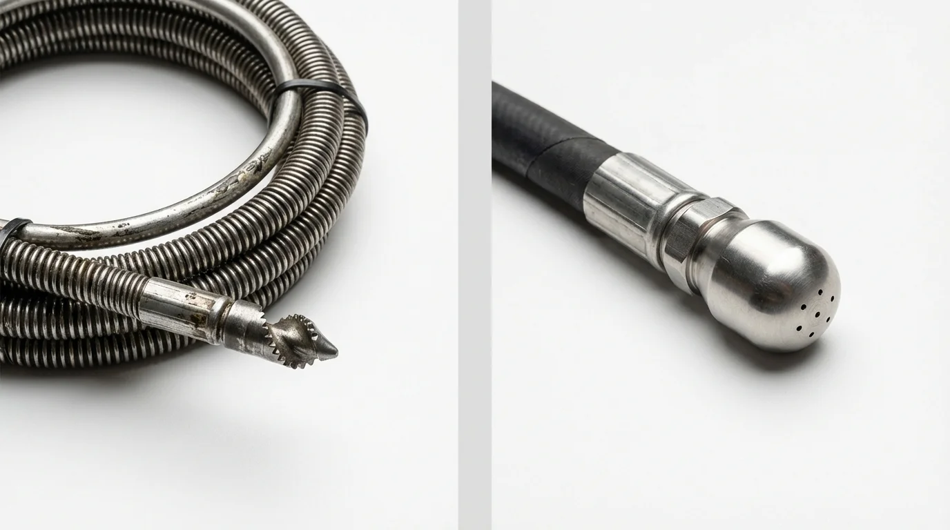 Drain snake cable and hydro jetting nozzle used for drain cleaning in Issaquah, WA