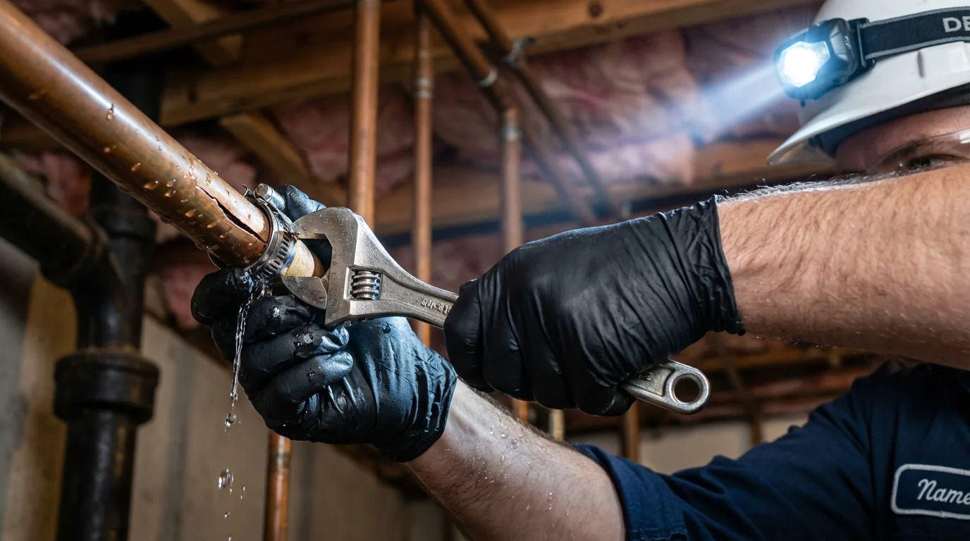 Emergency pipe clamp repair being performed by a Johns Plumbing LLC plumber in Issaquah