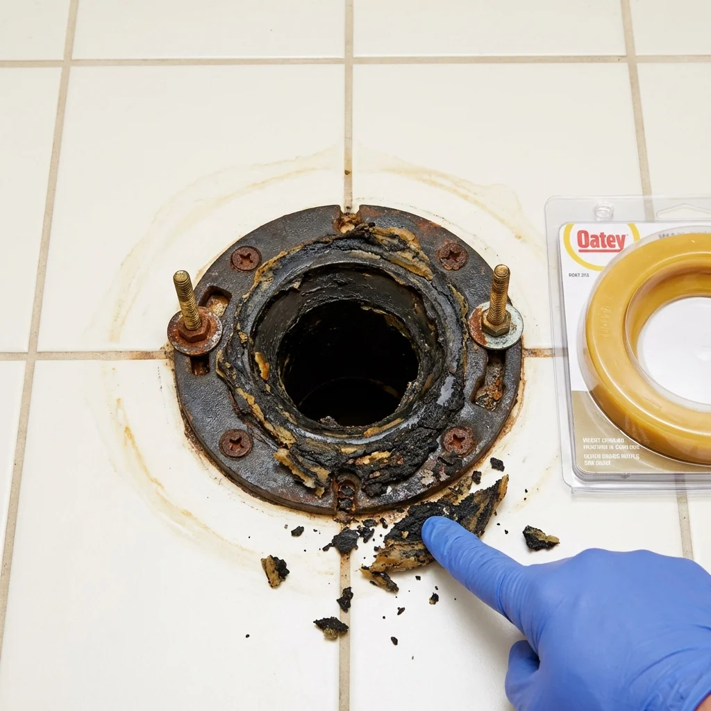 Failed wax ring showing water seepage at the base of a toilet in a Issaquah, WA home