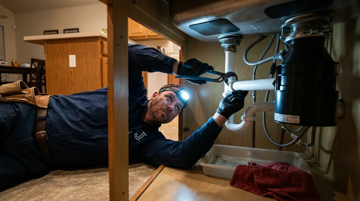 P-trap and supply line connections under a kitchen sink showing a common leak point in Issaquah, WA